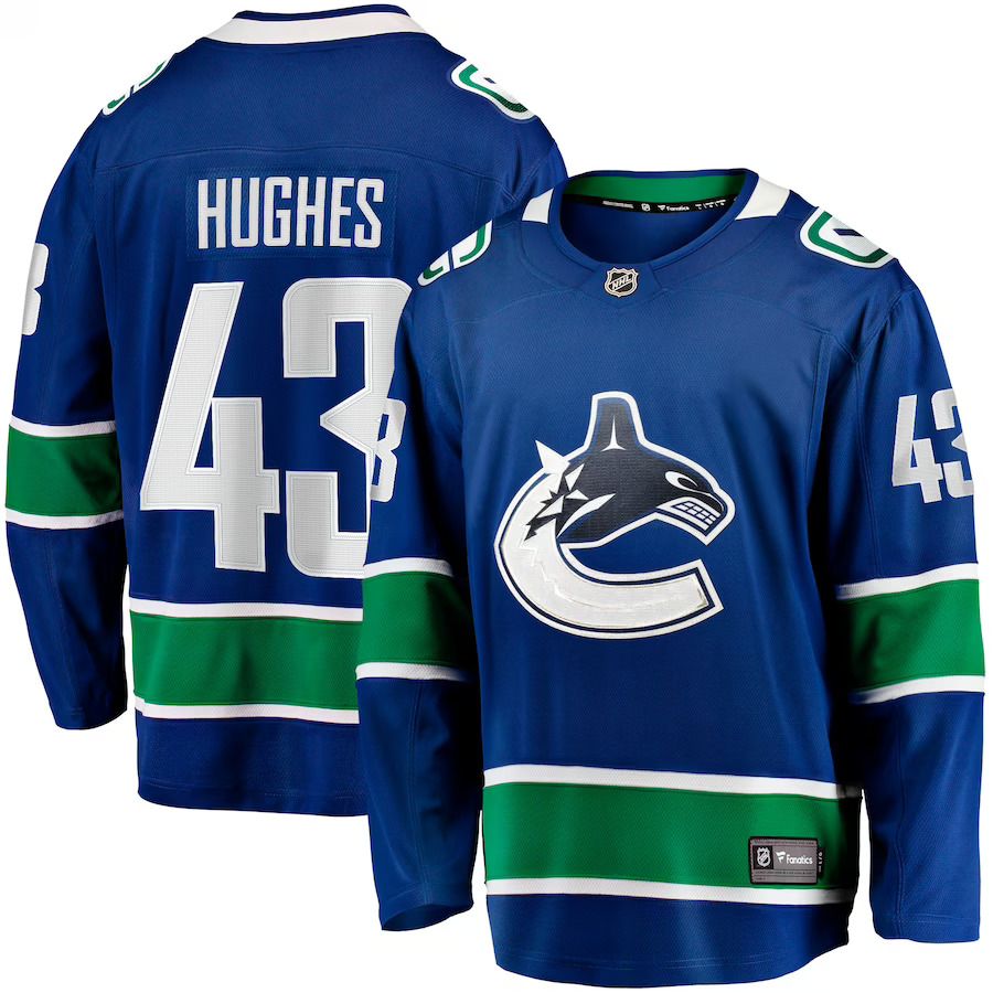 Men Vancouver Canucks #43 Quinn Hughes Fanatics Branded Blue Home Breakaway NHL Jersey
